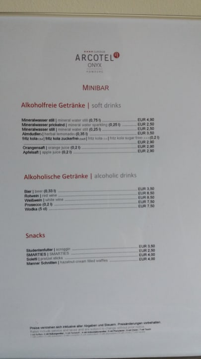 Die Karte für den Zimmerservice ARCOTEL Onyx Hamburg