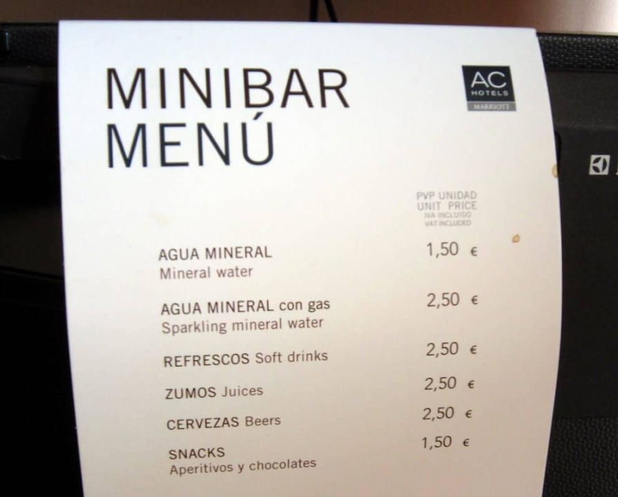 "Minibar price list" AC Hotel Gran Canaria by Marriott (Las Palmas de