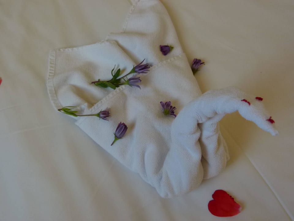 Dekorierter Schwan mit Blumen auf dem Bett! FUN&SUN Smart Hane Sun Hotel