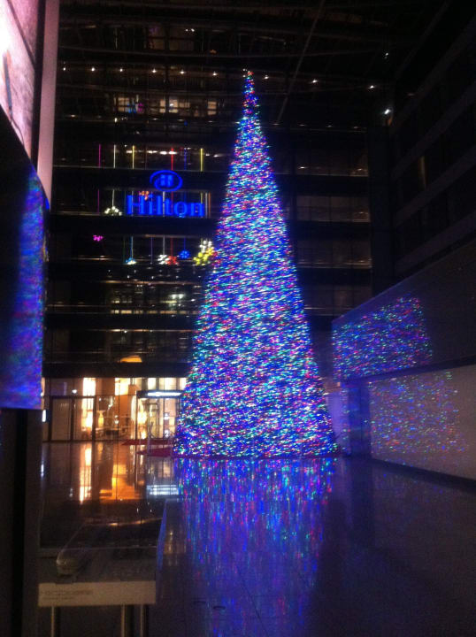 Weihnachtsbaum vor den beiden Hilton Hotels Hilton Garden Inn Frankfurt Airport