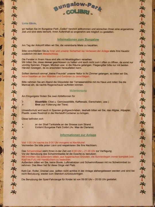Hausordnung Bungalow Park Colibri