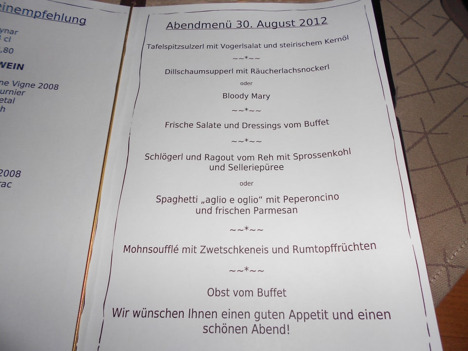 Abendmenü Hotel Liebe Sonne