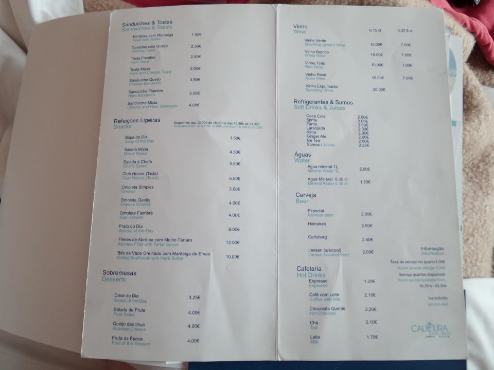 Snackkarte Caloura Hotel Resort