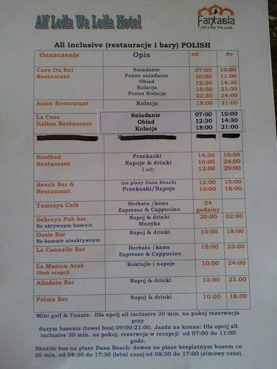 Harmonogram wyżywienia  Pickalbatros Alf Leila Wa Leila Resort - Neverland Hurghada