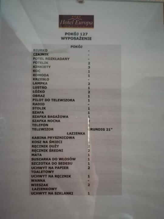Lista wyposażenia pokoju Hotel Europa Business & SPA Starachowice