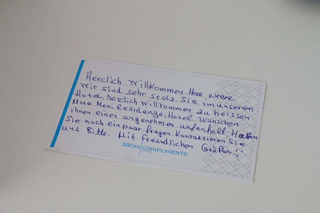 Begrüßungskarte (handgeschrieben!) Sentido More Meni Residence & Suites