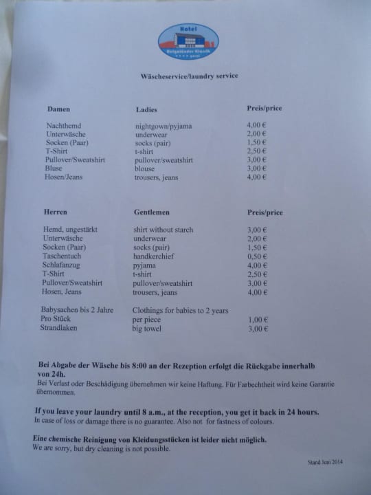 Preisliste Wäscheservice Hotel Helgoländer Klassik