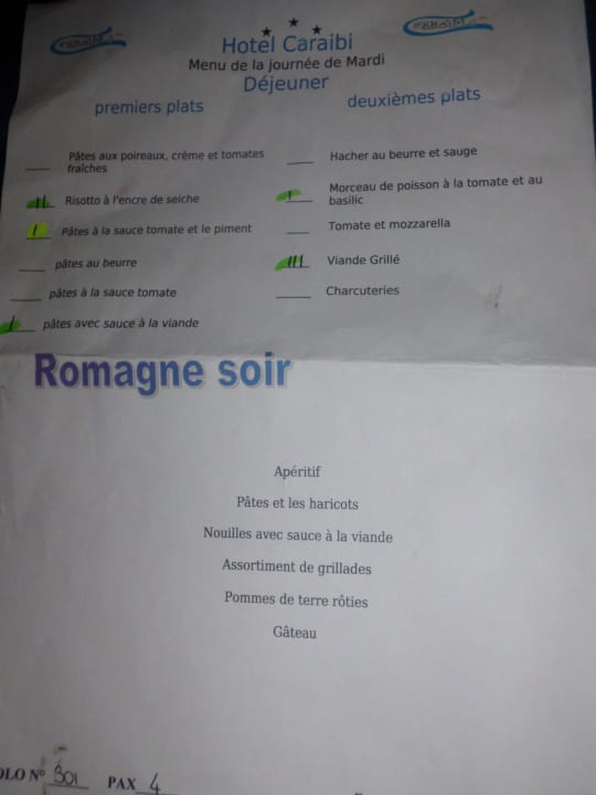 Choix des plats Hotel Caraibi Edelweiss