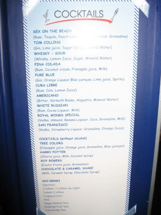Cocktailkarte aktuell Royal Wings Hotel