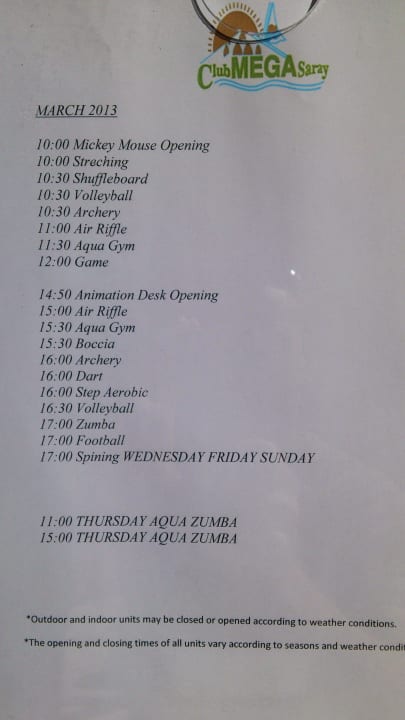 Aktivitätenübersicht März 2013 Megasaray Club Belek