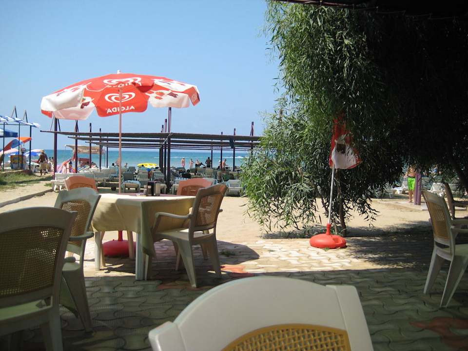 Blick von Strandbar Richtung Meer Serenis Hotel