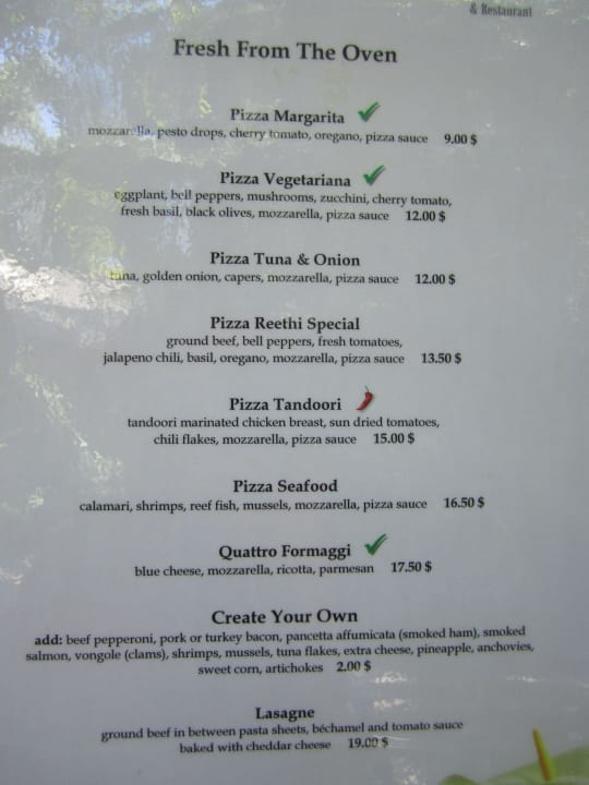 Preise Pizza Restaurant NH Collection Maldives Reethi Resort
