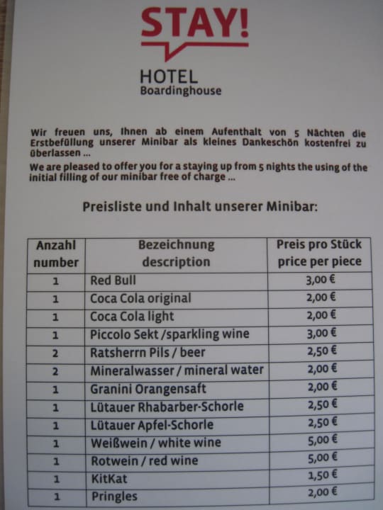 Minibar Preisliste STAY! Hotel Boardinghouse