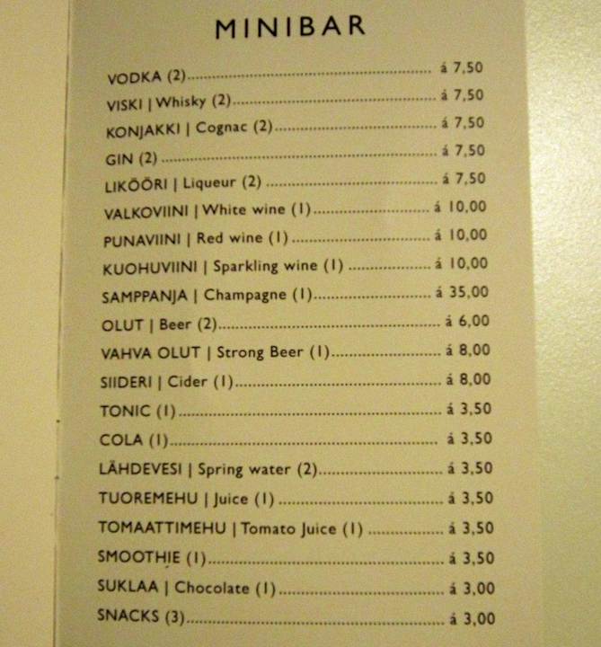 Minibar price list Radisson Blu Hotel Plaza Helsinki