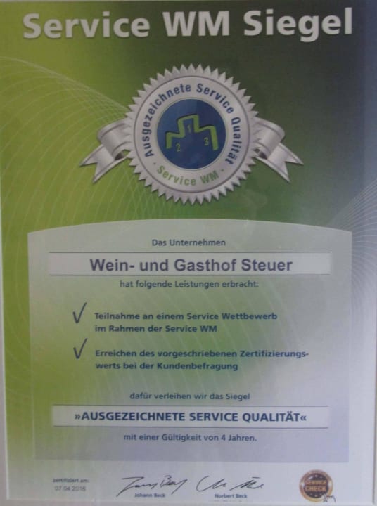 Service Check Siegel 2016! Zipf's Wein- und Gasthof Steuer