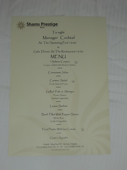 Speiseplan für "Gala Dinner" (siehe Text) Shams Prestige Abu Soma-Adults Only