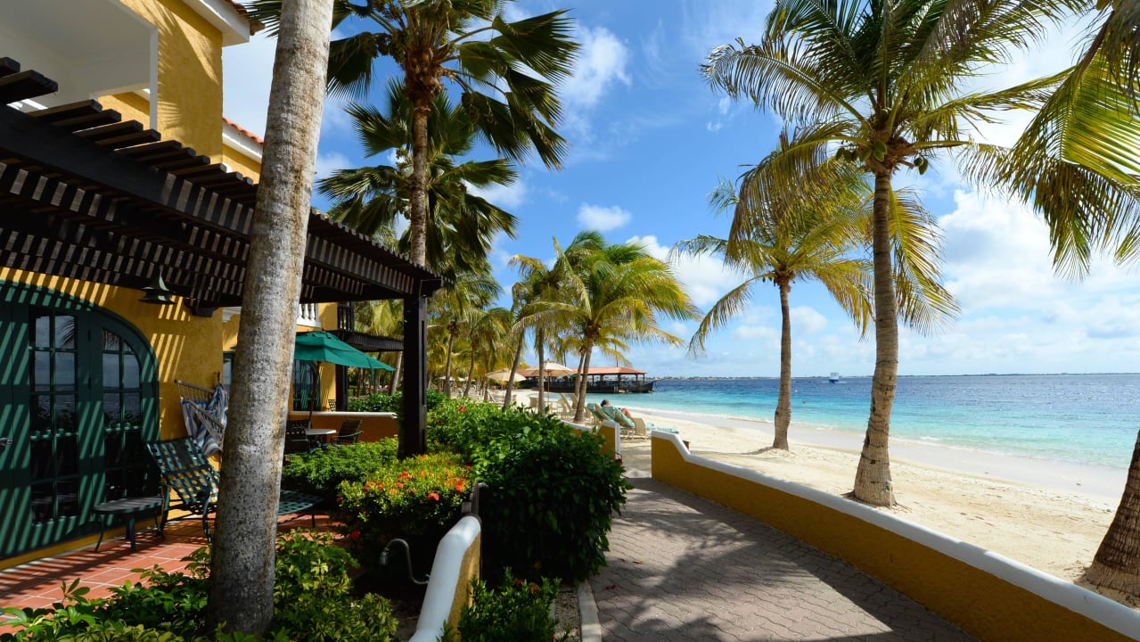 Hotelansicht und Strand mit Palmen Harbour Village Beach Club
