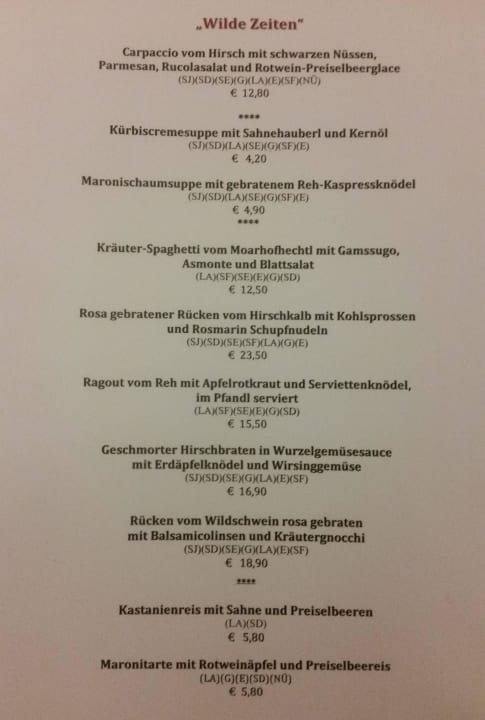 Speisekarte "Wilde Zeiten" Hotel Hubertushof