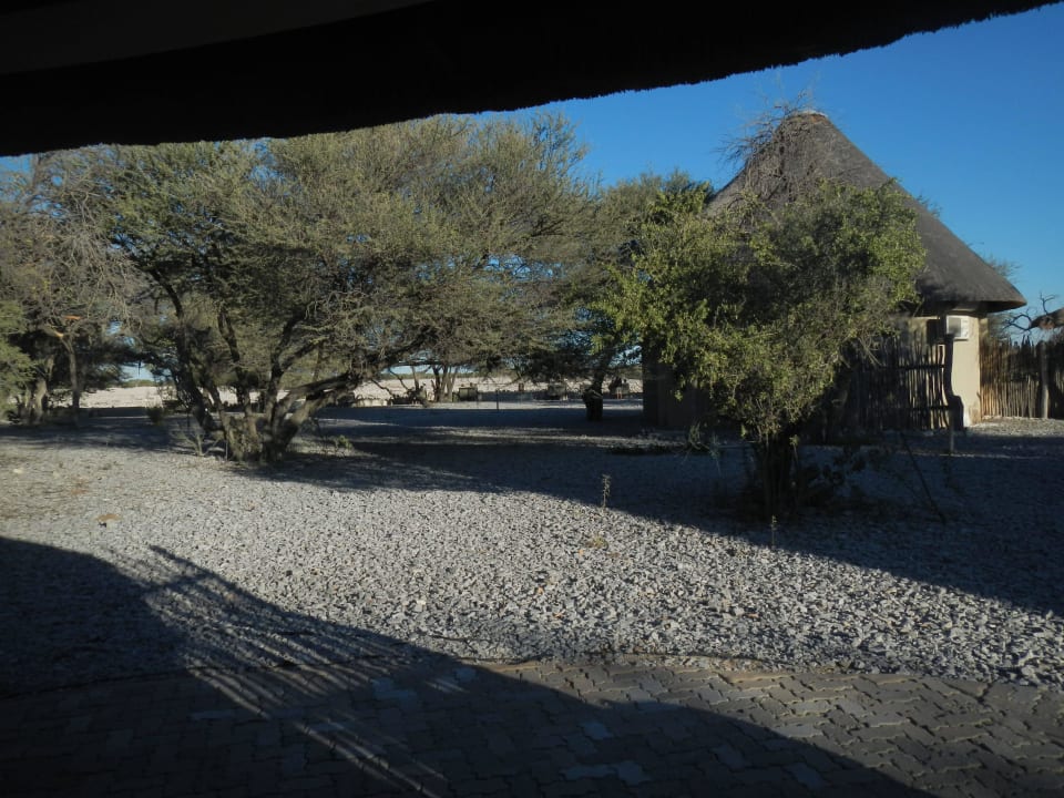 Blick vom Whaterhole Chalet zum Wasserloch Okaukuejo Camp