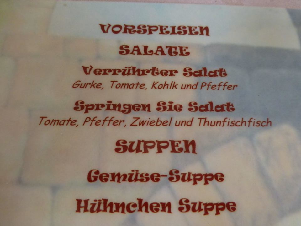 Lustige deut. Übersetz. der Karte im Terra Antiqua Hotel Playa Pesquero