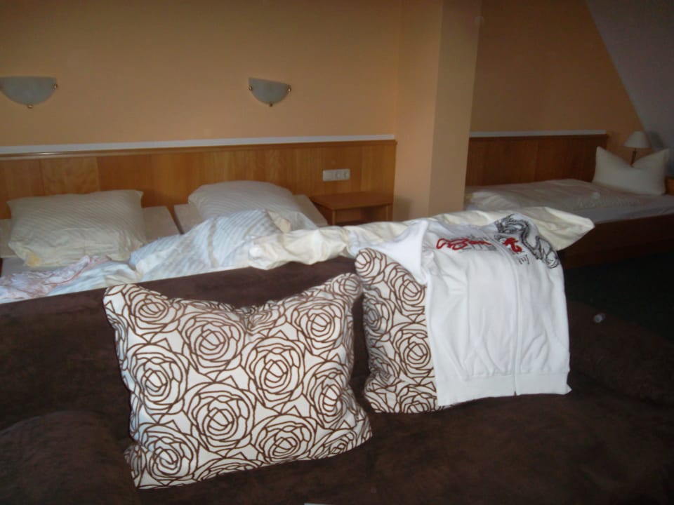 Doppelbett, Einzelbett und Chouch davor Pension Müritzblick