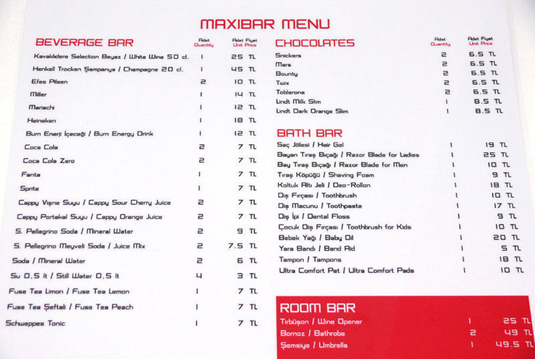 Maxibar-Preisliste Hotel SU & Aqualand