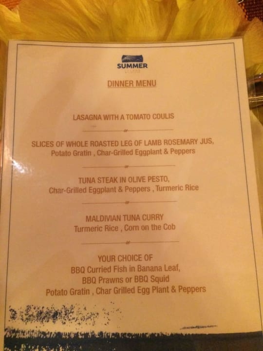 Menükarte Summer Island Maldives