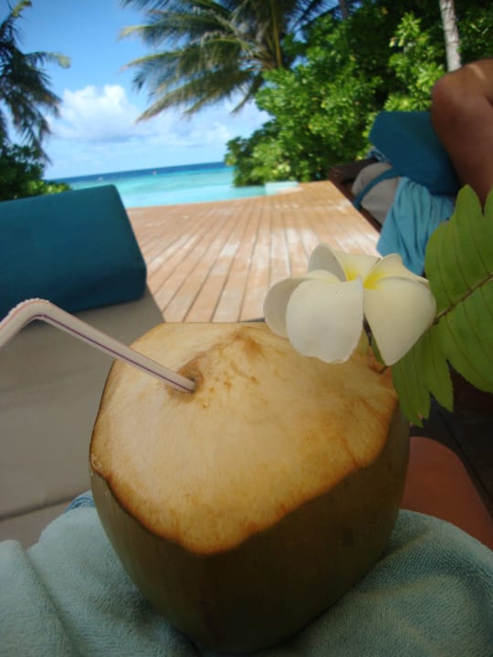 Liebevoll dekorierte Kokosnuss (Kostet 6 Dollar) Veligandu Maldives Resort Island