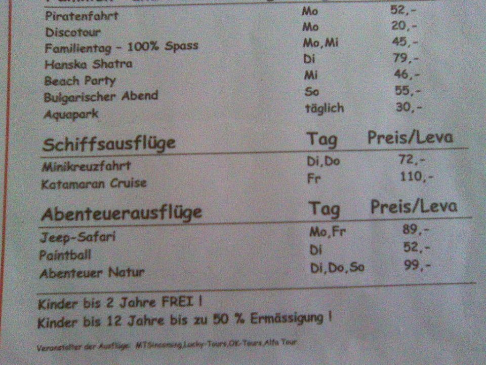 Ausflugspreisliste (2) MPM Hotel Kalina Garden