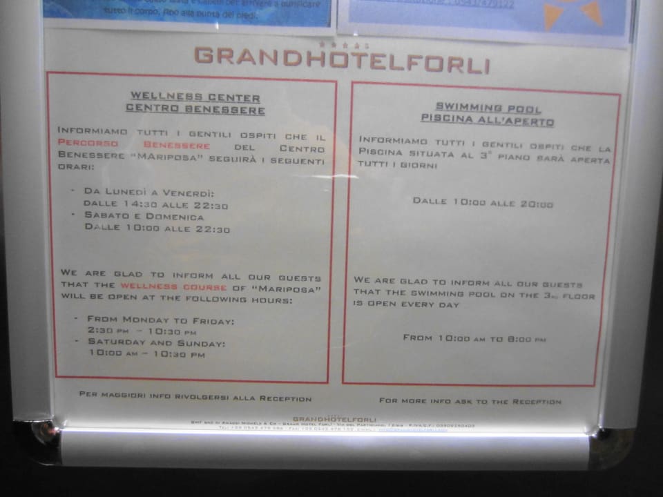Nutzungsanweisung Pool  Grand Hotel Forlì