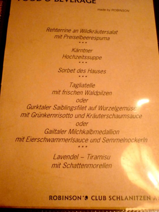 Menükarte in den Kärtner Stubn(kostenpflichtig) Aldiana Club Schlanitzen Alm