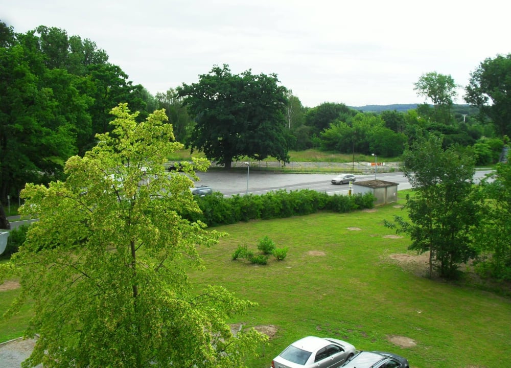 Blick vom Fenster zur Straße und Parkplatz Hotel am Tierpark