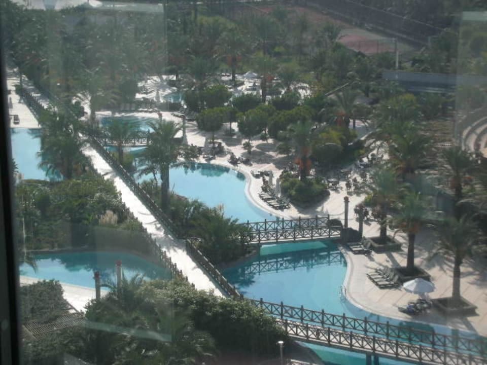 Ausblick vom Fahrstuhl auf die Große Poolanlage Royal Wings Hotel