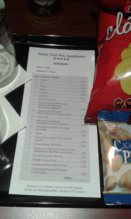 Minibar (Bei all in ist alc. frei kostenlos) Protur Turo Pins Hotel