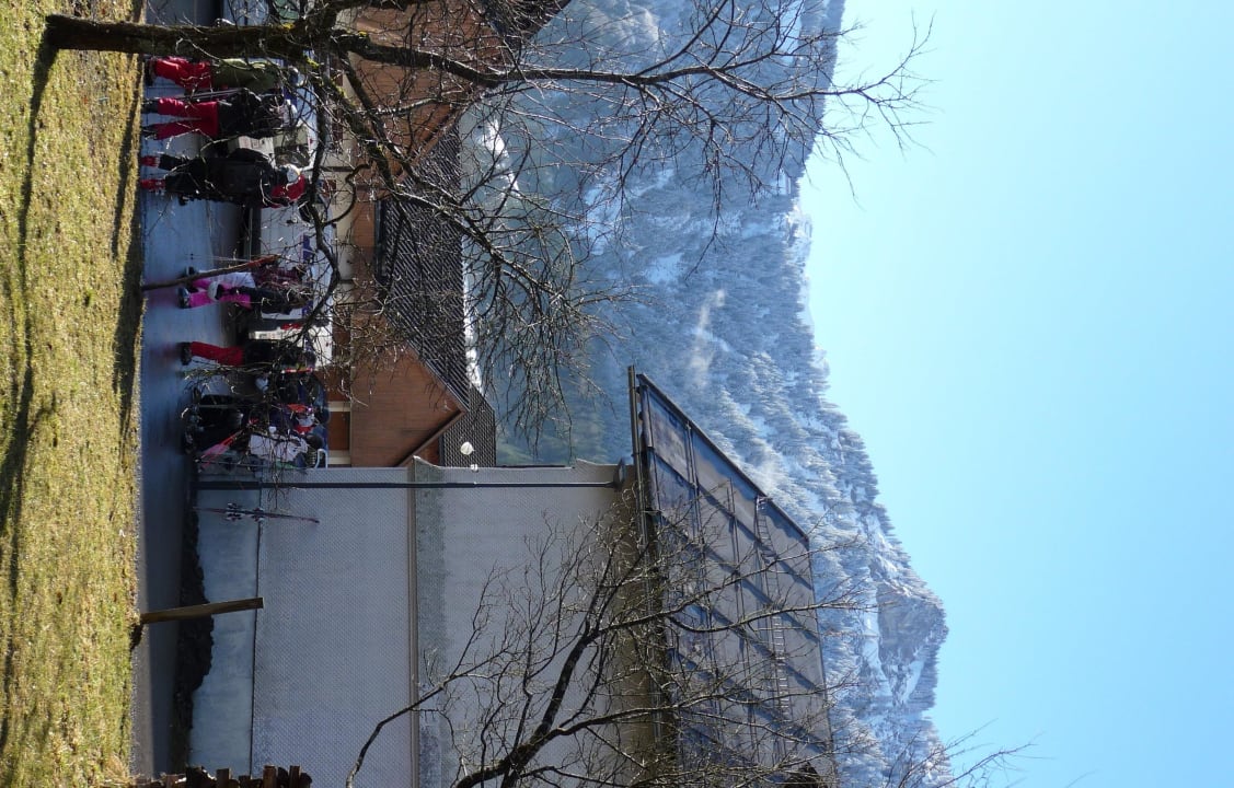 Blick vom Sitzplatz zur Skibushaltestelle Ferienhaus Hager
