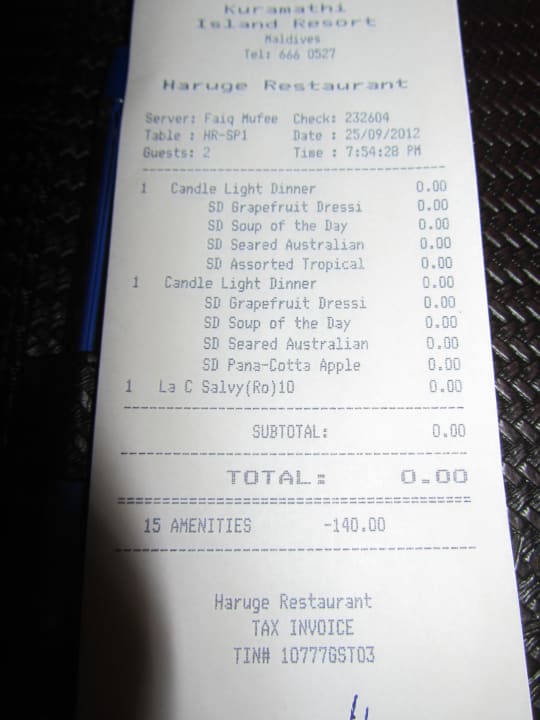 Kassenbon Kuramathi Maldives