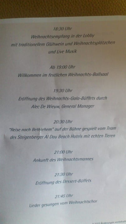 Weihnachtsprogramm Steigenberger ALDAU Beach Hotel