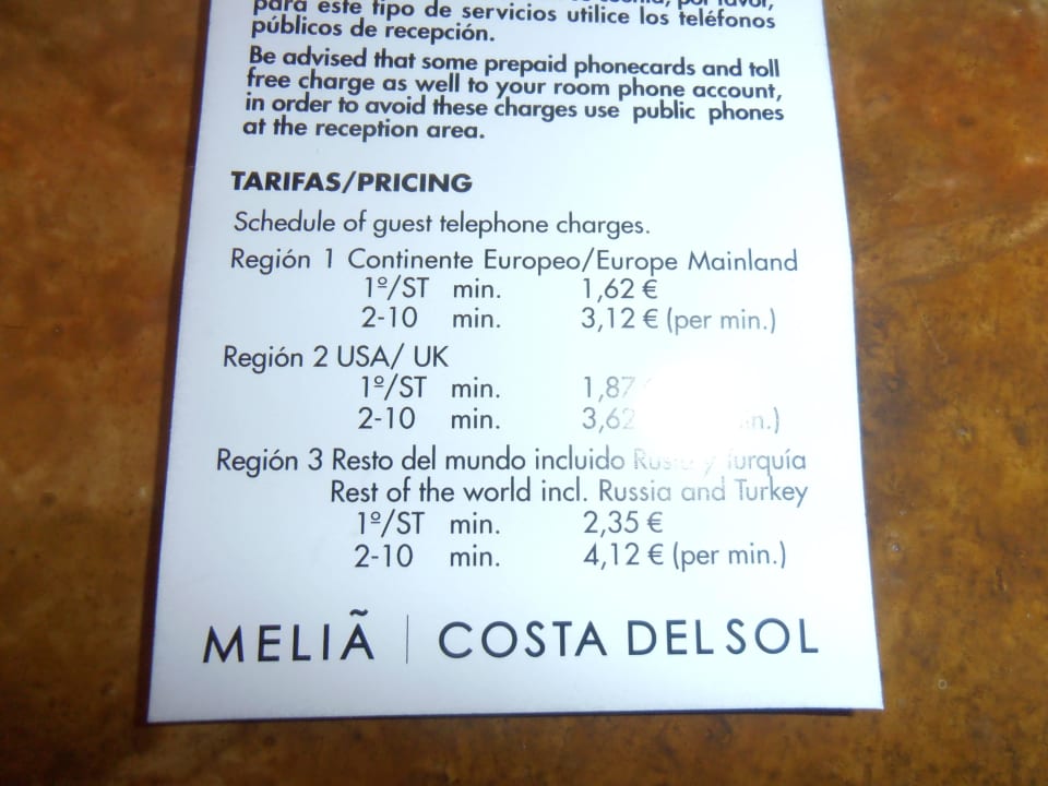 Telefonpreisliste Meliá Costa del Sol