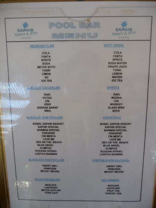Cocktailkarte al inclusive Saphir Resort & Spa