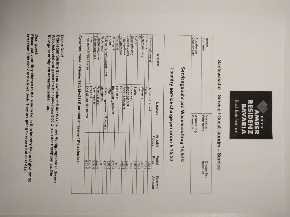 Wäscheservice Kosten Amber Hotel Bavaria