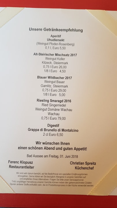 Weinangebot zum Gala Menü SPA Hotel Erzherzog Johann