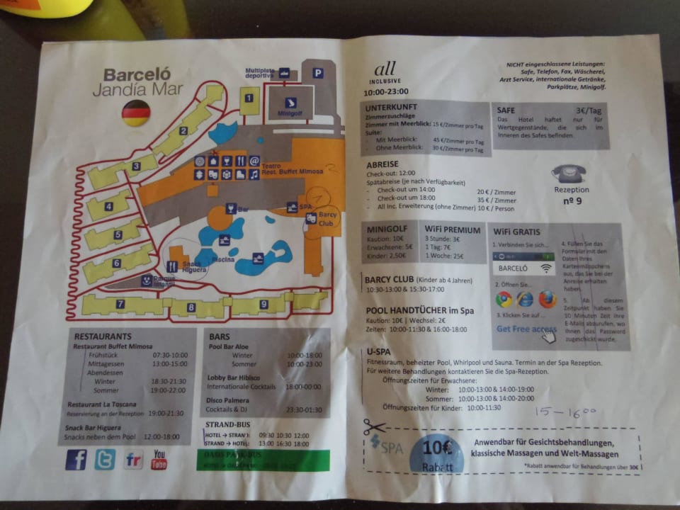 Plan über Hoteleinrichtungen Occidental Jandía Mar