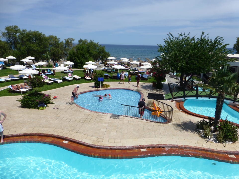 Pool, Liegewiese und Ausblick aufs Meer Hotel Calypso Beach