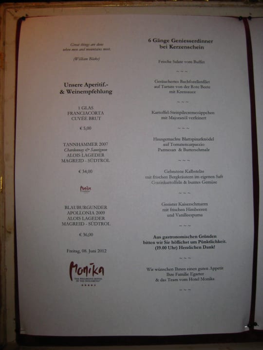 Bsp. Menükarte Hotel Monika – great place to be