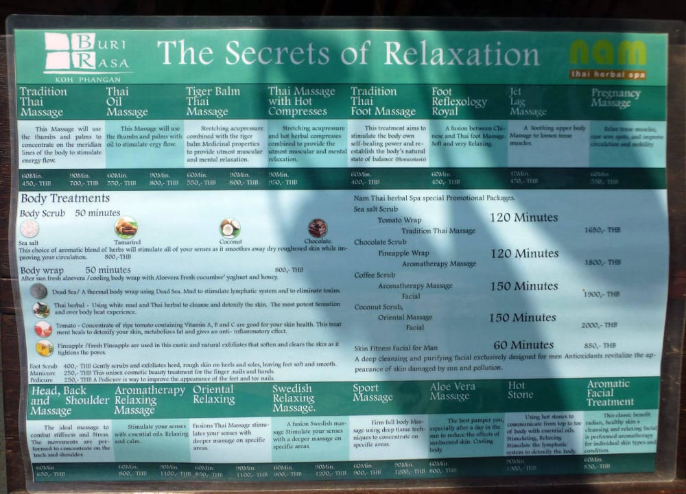 Palette der angebotenen Massagen Buri Rasa Village Phangan