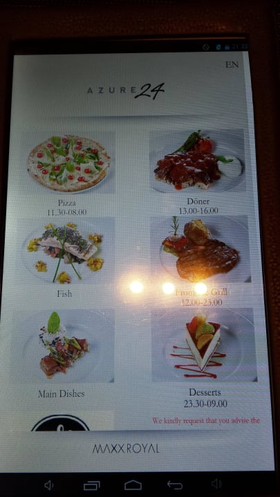 Speisekarte im "Azure24" Maxx Royal Belek Golf Resort