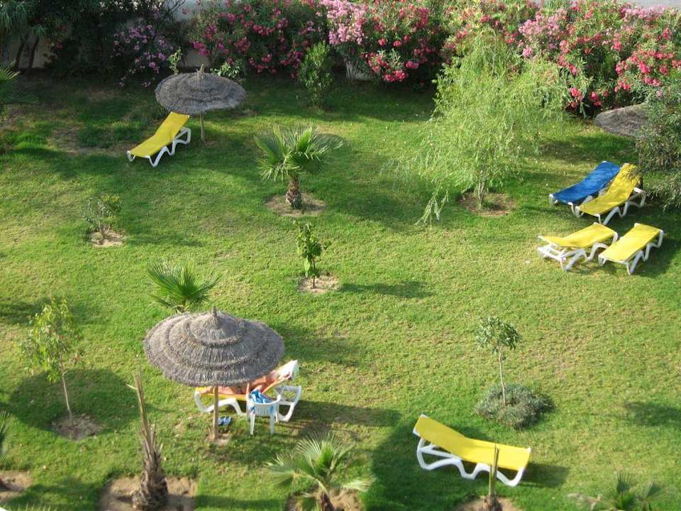 Ausblick vom Zimmer auf die Pool Liegeflaeche Hotel African Queen