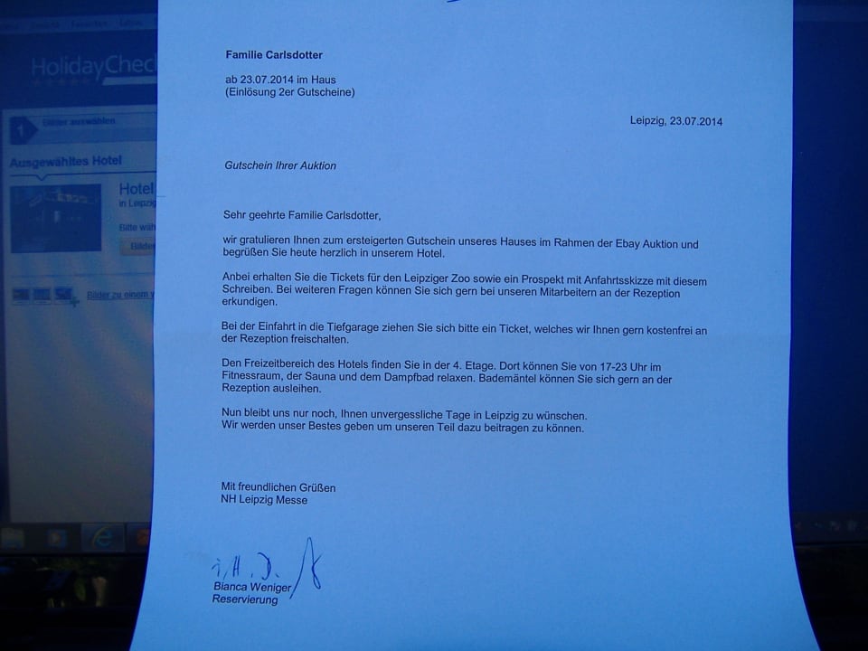 Begrüßungsschreiben des Hotels Hotel NH Leipzig Messe