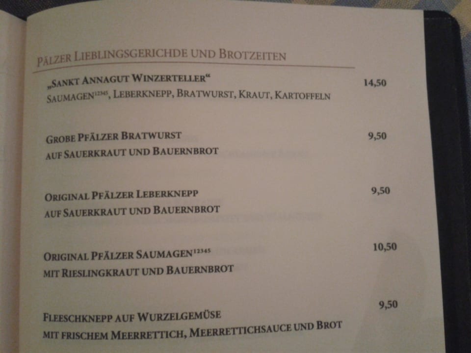 Auszug Speisekarte  Gästehaus Weingut St. Annaberg