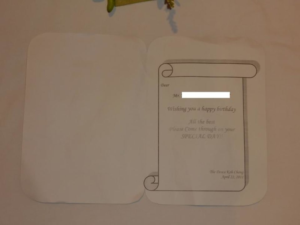 Geburtstagskarte meines Mannes - von uns bezahlt Hotel The Dewa Koh Chang
